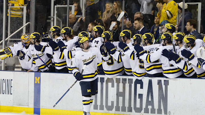 March 8, 2025; Ann Arbor, Michigan, USA; Michigan Wolverines forward William Whitelaw (8) celebrates a goal in the second period with teammates at Yost Ice Arena. Mandatory Credit: Brian Bradshaw Sevald-Imagn Images March 8, 2025; Ann Arbor, Michigan, USA; Michigan Wolverines forward William Whitelaw (8) celebrates a goal in the second period with teammates at Yost Ice Arena. Mandatory Credit: Brian Bradshaw Sevald-Imagn Images