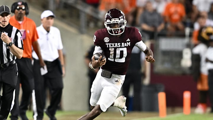 Sep 21, 2024; College Station, Texas, USA; Texas A&M Aggies quarterback Marcel Reed (10) runs the ball during the second half against the Bowling Green Falcons at Kyle Field. Mandatory Credit: Maria Lysaker-Imagn Images. Sep 21, 2024; College Station, Texas, USA; Texas A&M Aggies quarterback Marcel Reed (10) runs the ball during the second half against the Bowling Green Falcons at Kyle Field. Mandatory Credit: Maria Lysaker-Imagn Images.