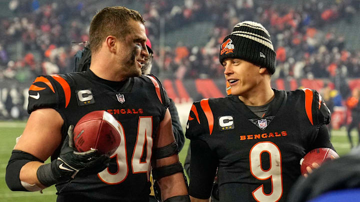 Cincinnati Bengals defensive end Sam Hubbard (94) and quarterback Joe Burrow (9) walk for the locker room after the fourth quarter during an NFL wild-card playoff football game between the Baltimore Ravens and the Cincinnati Bengals, Sunday, Jan. 15, 2023, at Paycor Stadium in Cincinnati. The Bengals advanced to the Divisional round of the playoffs with a 24-17 win over the Ravens.

Baltimore Ravens At Cincinnati Bengals Afc Wild Card Jan 15 295