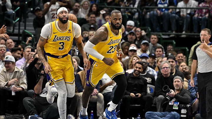 Dec 12, 2023; Dallas, Texas, USA; Los Angeles Lakers forward Anthony Davis (3) and forward LeBron James (23) in action during the game between the Dallas Mavericks and the Los Angeles Lakers at the American Airlines Center. Mandatory Credit: Jerome Miron-Imagn Images