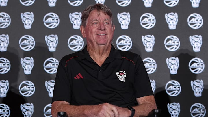 Oct 9, 2024; Charlotte, NC, USA; North Carolina State head coach Wes Moore during ACC Media Days at The Hilton Charlotte Uptown. Mandatory Credit: Jim Dedmon-Imagn Images