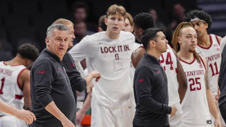 Mar 10, 2026; Charlotte, NC, USA; Stanford Cardinal head coach Kyle Smith reacts to a call during the first half against the Pittsburgh Panthers at Spectrum Center.