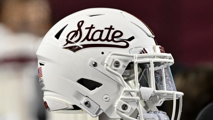 Nov 11, 2023; College Station, Texas, USA; Mississippi State Bulldogs helmet on the sideline during the game against the Texas A&M Aggies at Kyle Field. Mandatory Credit: Maria Lysaker-USA TODAY Sports