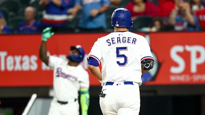 Aug 26, 2025; Arlington, Texas, USA; Texas Rangers shortstop Corey Seager (5) rounds the bases after hitting a home run during the seventh inning against the Los Angeles Angels at Globe Life Field. Aug 26, 2025; Arlington, Texas, USA; Texas Rangers shortstop Corey Seager (5) rounds the bases after hitting a home run during the seventh inning against the Los Angeles Angels at Globe Life Field.