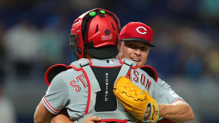 Apr 6, 2026; Miami, Florida, USA; Cincinnati Reds pitcher Emilio Pagan (15) celebrates with catcher Tyler Stephenson (37) after the game against the Miami Marlins at loanDepot Park. Mandatory Credit: Sam Navarro-Imagn Images Apr 6, 2026; Miami, Florida, USA; Cincinnati Reds pitcher Emilio Pagan (15) celebrates with catcher Tyler Stephenson (37) after the game against the Miami Marlins at loanDepot Park. Mandatory Credit: Sam Navarro-Imagn Images