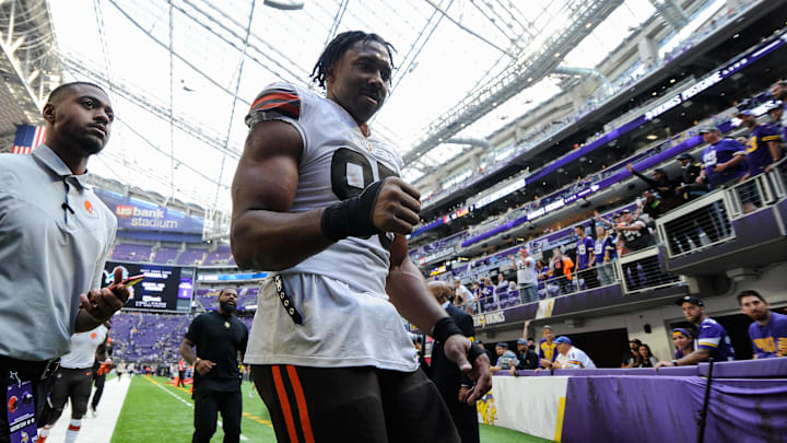 Oct 3, 2021; Minneapolis, Minnesota, USA; Cleveland Browns defensive end Myles Garrett (95) walks off the field after the game against the Minnesota Vikings at U.S. Bank Stadium. Mandatory Credit: Jeffrey Becker-Imagn Images