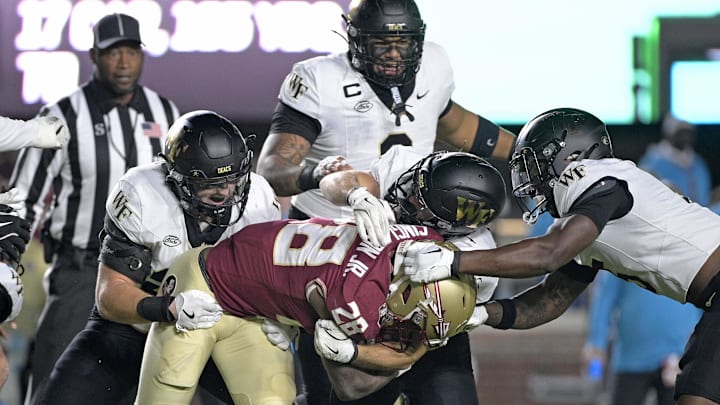 Nov 1, 2025; Tallahassee, Florida, USA; Florida State Seminoles running back Samuel Singleton Jr. (28) runs the ball during the first quarter against the Wake Forest Demon Deacons at Doak S. Campbell Stadium. Mandatory Credit: Melina Myers-Imagn Images