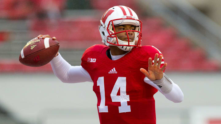 Nov 16, 2013; Madison, WI, USA; Wisconsin Badgers quarterback Connor Senger (14) during warmups prior to the game against the Indiana Hoosiers at Camp Randall Stadium. Wisconsin won 51-3. Nov 16, 2013; Madison, WI, USA; Wisconsin Badgers quarterback Connor Senger (14) during warmups prior to the game against the Indiana Hoosiers at Camp Randall Stadium. Wisconsin won 51-3.