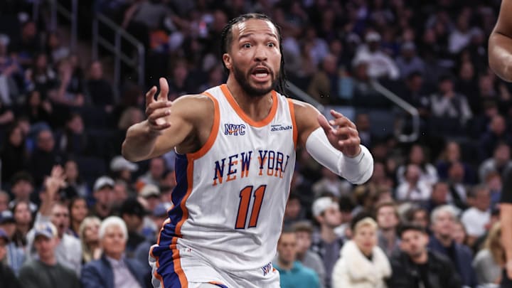 Nov 17, 2024; New York, New York, USA;  New York Knicks guard Jalen Brunson (11) reacts after getting called for a foul in the first quarter against the Brooklyn Nets at Madison Square Garden. Mandatory Credit: Wendell Cruz-Imagn Images