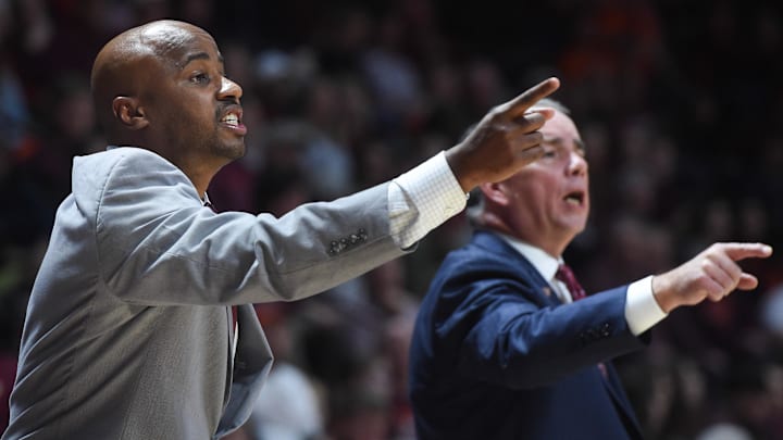 Nov 16, 2019; Blacksburg, VA, USA; Virginia Tech Hokies assistant coach Chester Frazier instructs his team during the game against the Lehigh Mountain Hawks at Cassell Coliseum. Mandatory Credit: Michael Shroyer-Imagn Images