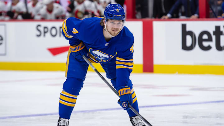 Jan 9, 2025; Ottawa, Ontario, CAN; Buffalo Sabres defenseman Bowen Byram (4) gets in position for a faceoff in the second period against the Ottawa Senators at the Canadian Tire Centre. Mandatory Credit: Marc DesRosiers-Imagn Images