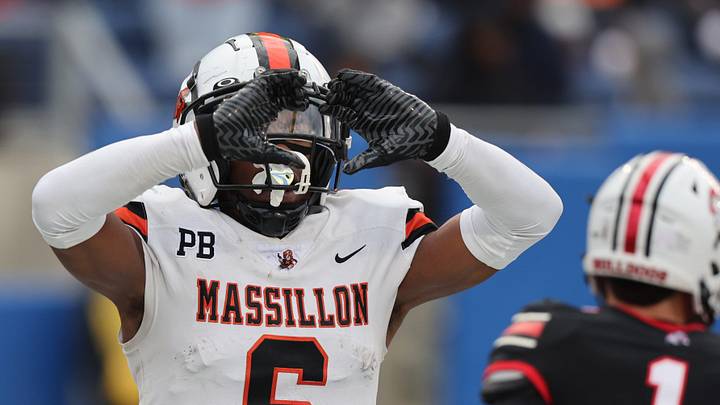 Massillon’s Deontay Malone celebrates during his team's win over McKinley, Saturday, Oct. 25, 2025. Massillon’s Deontay Malone celebrates during his team's win over McKinley, Saturday, Oct. 25, 2025.