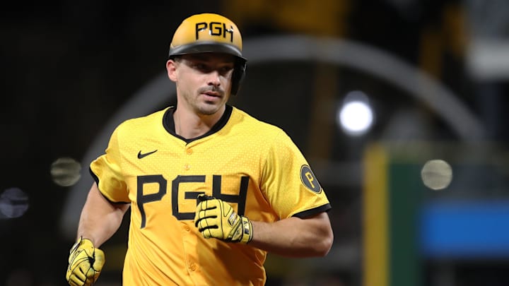 Apr 18, 2025; Pittsburgh, Pennsylvania, USA;  Pittsburgh Pirates right fielder Bryan Reynolds (10) circles the bases after a solo home run against the Cleveland Guardians during the seventh inning at PNC Park. Mandatory Credit: Charles LeClaire-Imagn Images