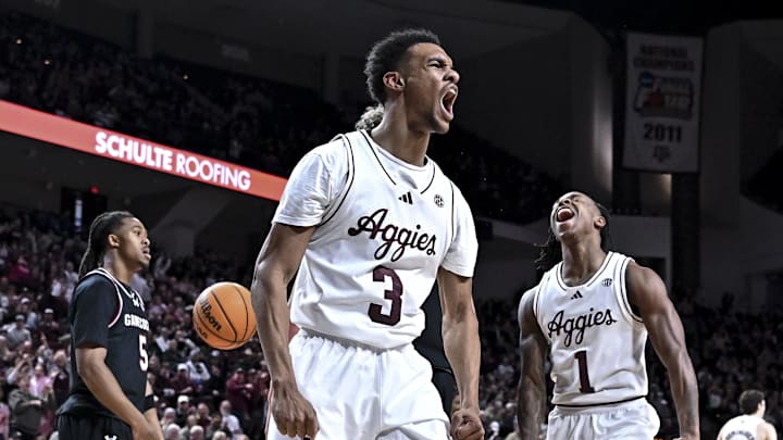 Jan 24, 2026; College Station, Texas, USA; Texas A&M Aggies guard Rylan Griffen (3) reacts during the first half against the South Carolina Gamecocks at Reed Arena. Mandatory Credit: Maria Lysaker-Imagn Images 