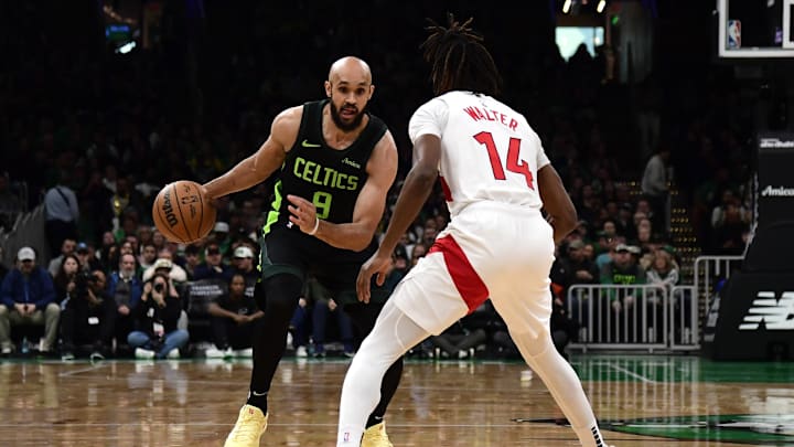 Dec 31, 2024; Boston, Massachusetts, USA; Boston Celtics guard Derrick White (9) controls the ball while Toronto Raptors guard Ja'Kobe Walter (14) defends during the first half at TD Garden. Mandatory Credit: Bob DeChiara-Imagn Images Dec 31, 2024; Boston, Massachusetts, USA; Boston Celtics guard Derrick White (9) controls the ball while Toronto Raptors guard Ja'Kobe Walter (14) defends during the first half at TD Garden. Mandatory Credit: Bob DeChiara-Imagn Images