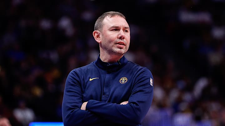 Nov 7, 2025; Denver, Colorado, USA; Denver Nuggets head coach David Adelman in the third quarter against the Golden State Warriors at Ball Arena. Mandatory Credit: Isaiah J. Downing-Imagn Images
