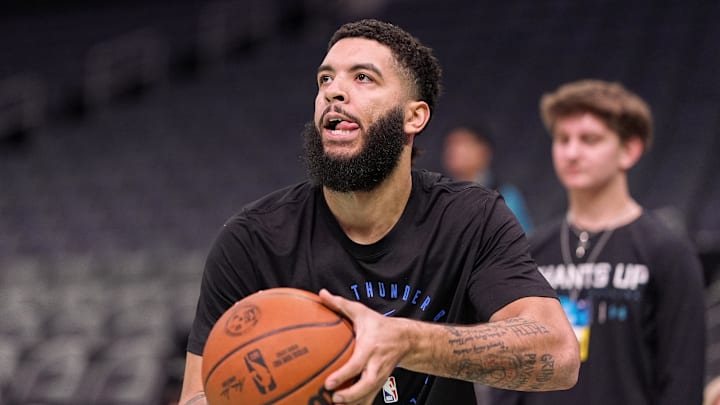 Dec 28, 2024; Charlotte, North Carolina, USA; Oklahoma City Thunder forward Kenrich Williams (34) during pregame warmups against the Charlotte Hornets at Spectrum Center. Mandatory Credit: Jim Dedmon-Imagn Images