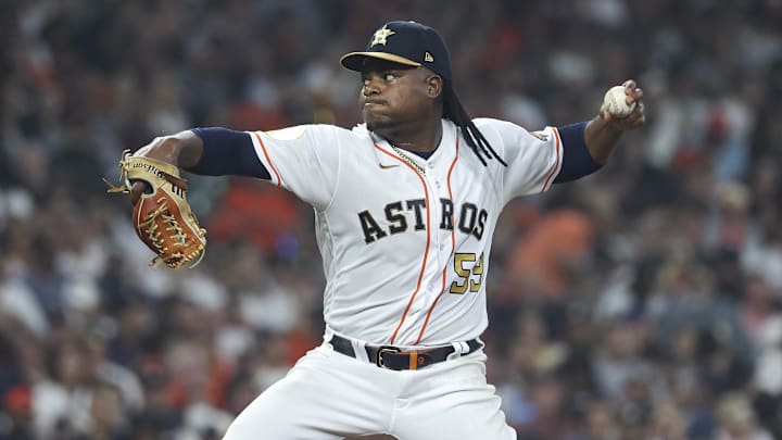 Mar 30, 2023; Houston, Texas, USA; Houston Astros starting pitcher Framber Valdez (59) delivers a