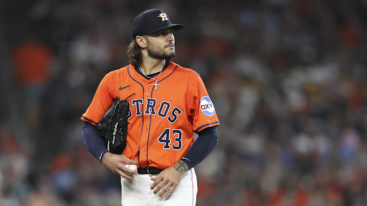 Jul 11, 2025; Houston, Texas, USA; Houston Astros starting pitcher Lance McCullers Jr. (43) reacts after a pitch during the first inning against the Texas Rangers at Daikin Park.