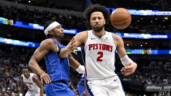 Mar 21, 2025; Dallas, Texas, USA; Dallas Mavericks guard Brandon Williams (10) knocks the ball away from Detroit Pistons guard Cade Cunningham (2) during the second half at the American Airlines Center. Mandatory Credit: Jerome Miron-Imagn Images Mar 21, 2025; Dallas, Texas, USA; Dallas Mavericks guard Brandon Williams (10) knocks the ball away from Detroit Pistons guard Cade Cunningham (2) during the second half at the American Airlines Center. Mandatory Credit: Jerome Miron-Imagn Images