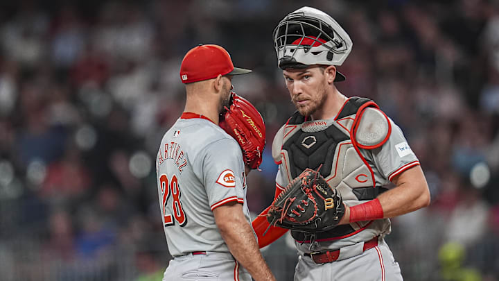 Sep 9, 2024; Cumberland, Georgia, USA; Cincinnati Reds catcher Tyler Stephenson (37) and starting pitcher Nick Martinez (28) talk on the mound during the game against the Atlanta Braves during the sixth inning at Truist Park. Mandatory Credit: Dale Zanine-Imagn Images Sep 9, 2024; Cumberland, Georgia, USA; Cincinnati Reds catcher Tyler Stephenson (37) and starting pitcher Nick Martinez (28) talk on the mound during the game against the Atlanta Braves during the sixth inning at Truist Park. Mandatory Credit: Dale Zanine-Imagn Images