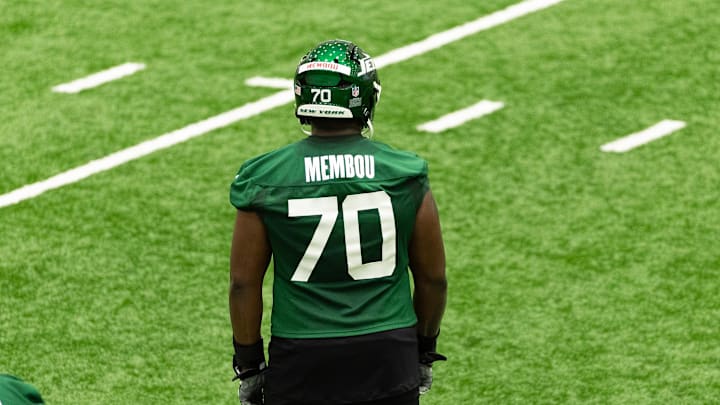 May 9, 2025; Florham Park, NJ, USA; New York Jets rookie offensive tackle Armand Membou (70) participates in a drill during the minicamp at Atlantic Health Jets Training Center. Mandatory Credit: Thomas Salus-Imagn Images May 9, 2025; Florham Park, NJ, USA; New York Jets rookie offensive tackle Armand Membou (70) participates in a drill during the minicamp at Atlantic Health Jets Training Center. Mandatory Credit: Thomas Salus-Imagn Images