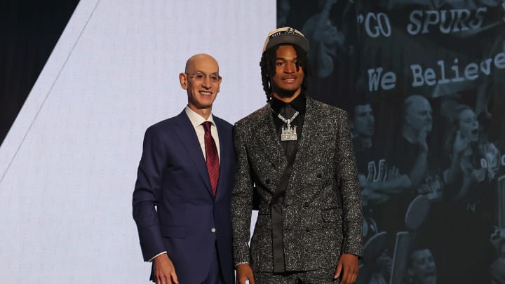 Jun 26, 2024; Brooklyn, NY, USA; Stephon Castle poses for photos with NBA commissioner Adam Silver after being selected in the first round by the San Antonio Spurs in the 2024 NBA Draft at Barclays Center. Mandatory Credit: Brad Penner-USA TODAY Sports