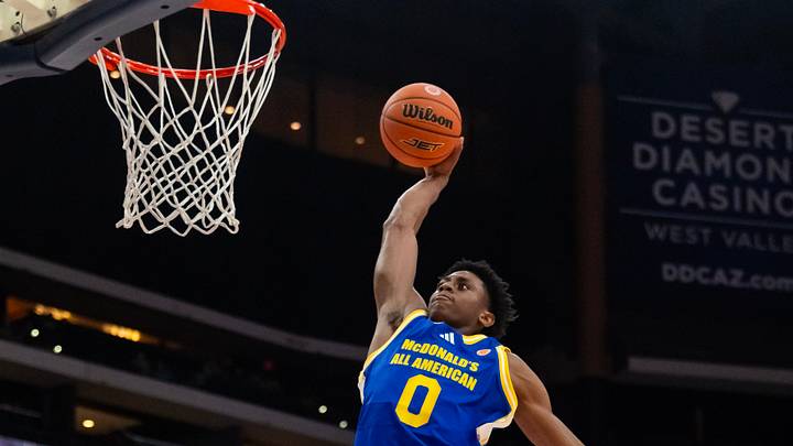 Mar 31, 2026; Glendale, AZ, USA; Brandon McCoy Jr (0) dunks the ball during the McDonalds All American Boys Game at Desert Diamond Arena. Mar 31, 2026; Glendale, AZ, USA; Brandon McCoy Jr (0) dunks the ball during the McDonalds All American Boys Game at Desert Diamond Arena.