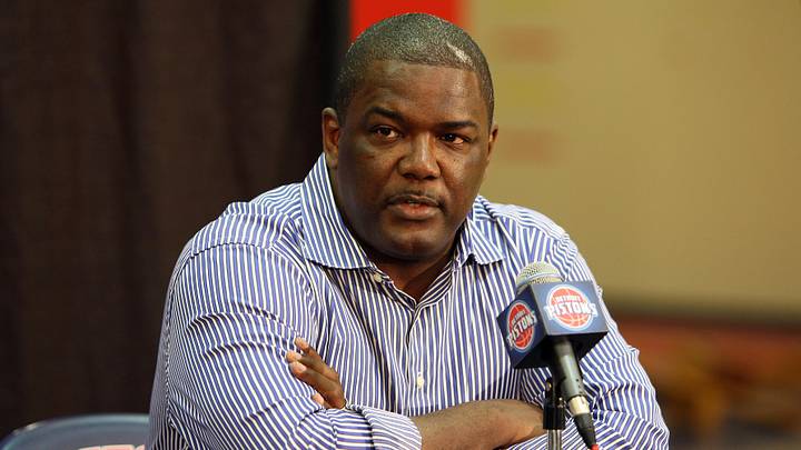 July 9, 2009; Auburn Hills, MI, USA; Detroit Pistons president Joe Dumars during the press conference to introduce their new head coach John Kuester at their practice facility. Mandatory Credit: Leon Halip-USA TODAY Sports July 9, 2009; Auburn Hills, MI, USA; Detroit Pistons president Joe Dumars during the press conference to introduce their new head coach John Kuester at their practice facility. Mandatory Credit: Leon Halip-USA TODAY Sports