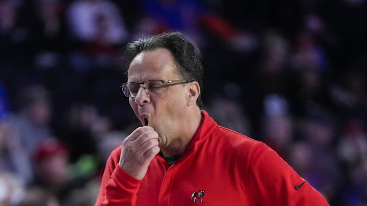 Feb 26, 2022; Athens, Georgia, USA; Georgia Bulldogs head coach Tom Crean reacts to the officials after a call during the game against the Florida Gators during the second half at Stegeman Coliseum. Mandatory Credit: Dale Zanine-Imagn Images