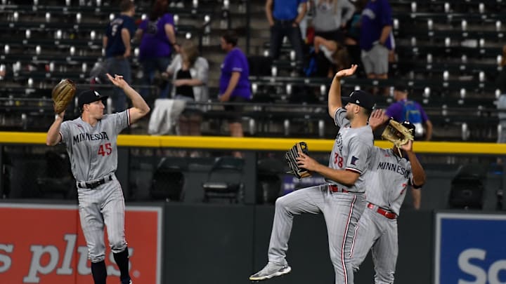 Sep 30, 2023; Denver, Colorado, USA; Minnesota Twins center fielder Andrew Stevenson (45) Minnesota