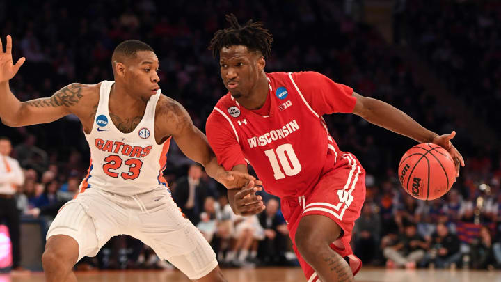 Mar 24, 2017; New York, NY, USA; Wisconsin Badgers forward Nigel Hayes (10) drives to the basket against Florida Gators forward Justin Leon (23) during the second half in the semifinals of the East Regional of the 2017 NCAA Tournament at Madison Square Garden. Mandatory Credit: Robert Deutsch-USA TODAY Sports