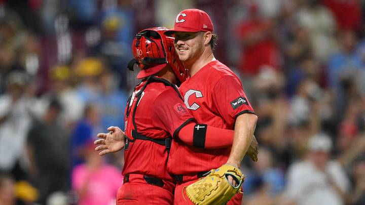 Sep 5, 2026; Cincinnati, Ohio, USA; Cincinnati Reds pitcher Emilio Pagan (15) embraces catcher Jose Trevino (35) after defeating the Milwaukee Brewers at Great American Ball Park. Mandatory Credit: Tanner Pearson-Imagn Images Sep 5, 2026; Cincinnati, Ohio, USA; Cincinnati Reds pitcher Emilio Pagan (15) embraces catcher Jose Trevino (35) after defeating the Milwaukee Brewers at Great American Ball Park. Mandatory Credit: Tanner Pearson-Imagn Images