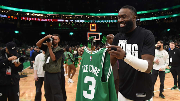 Jan 13, 2024; Boston, Massachusetts, USA;  Boston Celtics guard Jaylen Brown (7) is about to give a