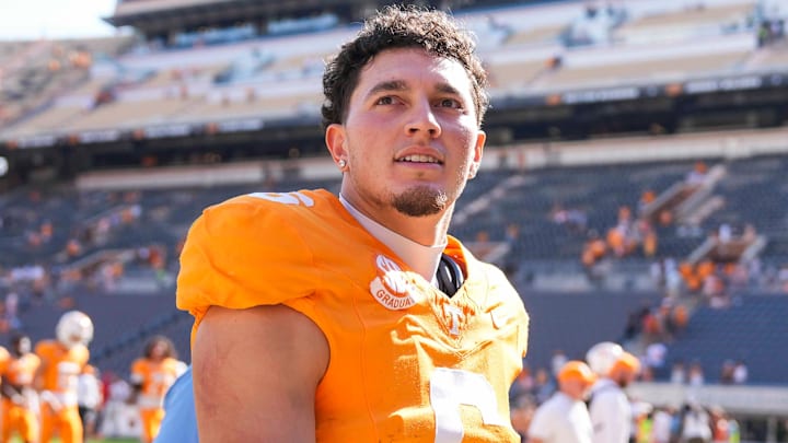 Tennessee quarterback Joey Aguilar (6) looks around the stadium after a NCAA football game between Tennessee and UAB at Neyland Stadium in Knoxville, Tenn., September 20, 2025.