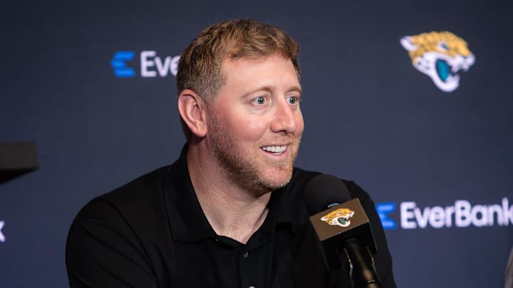 Apr 25, 2025; Jacksonville, FL, USA; Jacksonville Jaguars head coach Liam Coen talks to the media during a press conference to introduce first round draft pick Travis Hunter (not pictured) at Miller Electric Center. Mandatory Credit: Travis Register-Imagn Images