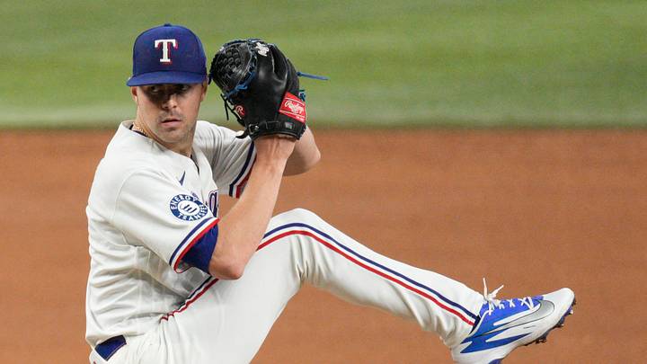 Aug 4, 2026; Arlington, Texas, USA;  Texas Rangers pitcher MacKenzie Gore (1) goes into the windup against the San Francisco Giants during the sixth inning at Globe Life Field. Mandatory Credit: Raymond Carlin III-Imagn Images