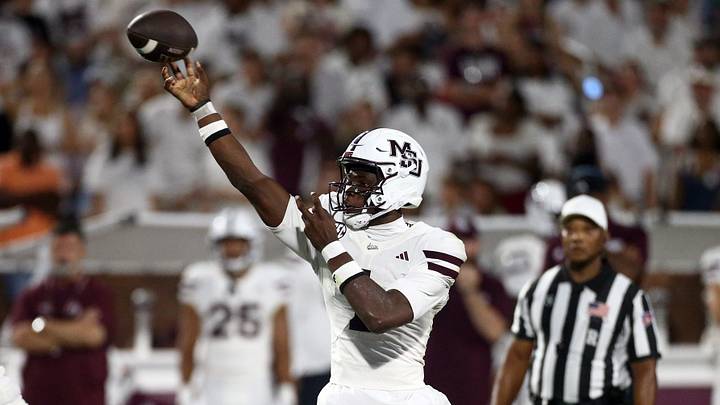 Sep 26, 2026; Starkville, Mississippi, USA; Mississippi State Bulldogs quarterback Kamario Taylor (1) passes the ball during the fourth quarter against the Missouri Tigers at Davis Wade Stadium at Scott Field. Sep 26, 2026; Starkville, Mississippi, USA; Mississippi State Bulldogs quarterback Kamario Taylor (1) passes the ball during the fourth quarter against the Missouri Tigers at Davis Wade Stadium at Scott Field.