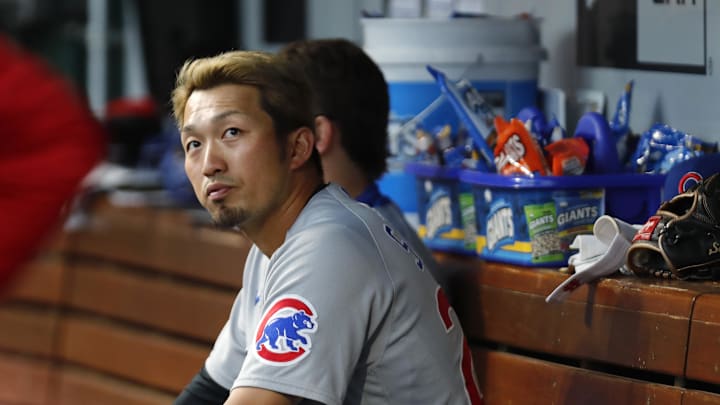 Oct 3, 2022; Cincinnati, Ohio, USA; Chicago Cubs right fielder Seiya Suzuki (27) watches from the Oct 3, 2022; Cincinnati, Ohio, USA; Chicago Cubs right fielder Seiya Suzuki (27) watches from the