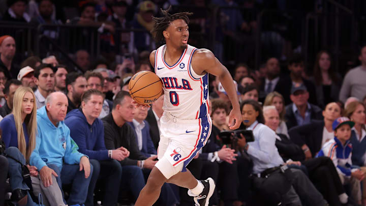 Apr 30, 2024; New York, New York, USA; Philadelphia 76ers guard Tyrese Maxey (0) controls the ball against the New York Knicks during the fourth quarter of game 5 of the first round of the 2024 NBA playoffs at Madison Square Garden. Mandatory Credit: Brad Penner-Imagn Images