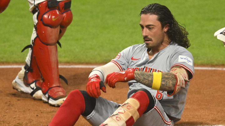 Sep 24, 2024; Cleveland, Ohio, USA; Cincinnati Reds second baseman Jonathan India (6) reacts after he was hit on the helmet by a pitch in the fifth inning against the Cleveland Guardians at Progressive Field. Mandatory Credit: David Richard-Imagn Images Sep 24, 2024; Cleveland, Ohio, USA; Cincinnati Reds second baseman Jonathan India (6) reacts after he was hit on the helmet by a pitch in the fifth inning against the Cleveland Guardians at Progressive Field. Mandatory Credit: David Richard-Imagn Images