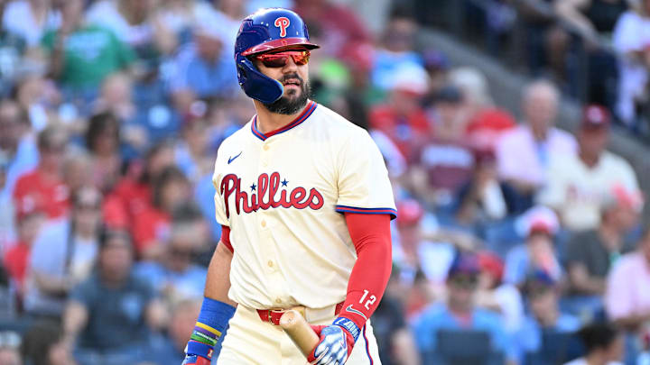 Sep 28, 2025; Philadelphia, Pennsylvania, USA; Philadelphia Phillies outfielder Kyle Schwarber (12) reacts after striking out during the fourth inning against the Minnesota Twins at Citizens Bank Park. Sep 28, 2025; Philadelphia, Pennsylvania, USA; Philadelphia Phillies outfielder Kyle Schwarber (12) reacts after striking out during the fourth inning against the Minnesota Twins at Citizens Bank Park.