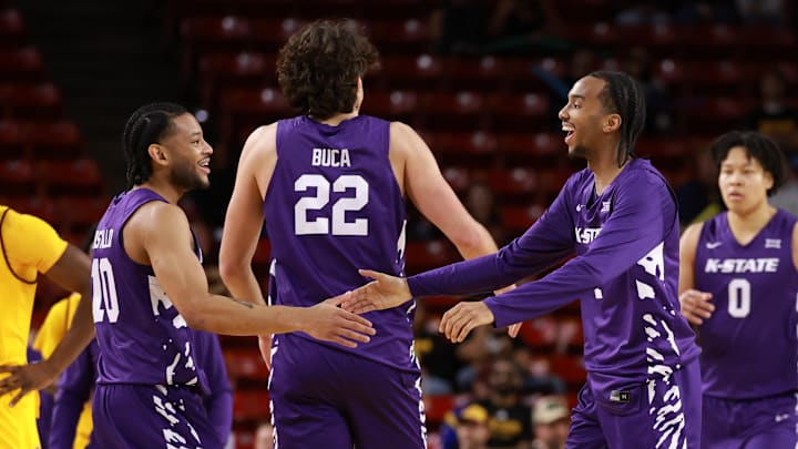 Kansas State guard David Castillo (left) celebrates with Abdi Bashir Jr. against Arizona State in the second half at Desert Financial Arena. 