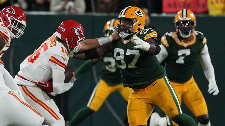 Green Bay Packers defensive tackle Kenny Clark (97) sacks Kansas City Chiefs quarterback Patrick