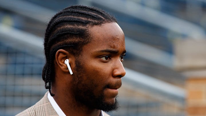 Notre Dame cornerback Benjamin Morrison walks onto the field before a NCAA college football game