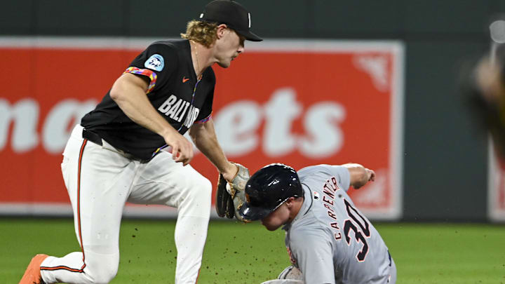 Sep 20, 2024; Baltimore, Maryland, USA; Baltimore Orioles shortstop Gunnar Henderson (2) tags out Detroit Tigers outfielder Kerry Carpenter (30) on a first inning steel attempt  at Oriole Park at Camden Yards.