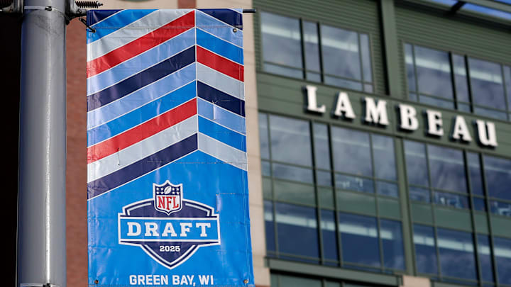 A banner advertising the 2025 NFL Draft on display in the parking lot of Lambeau Field on April 11, 2025, in Green Bay, Wis. A banner advertising the 2025 NFL Draft on display in the parking lot of Lambeau Field on April 11, 2025, in Green Bay, Wis.