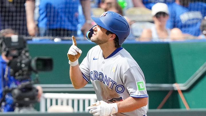 Sep 6, 2026; Kansas City, Missouri, USA; Toronto Blue Jays second baseman Josh Smith (9) celebrates while running the bases against the Kansas City Royals after hitting a solo home run in the sixth inning at Kauffman Stadium. Mandatory Credit: Denny Medley-Imagn Images