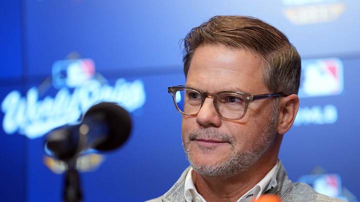 Oct 24, 2025; Toronto, Ontario, CAN; Toronto Blue Jays executive vice president and general manager Ross Atkins speaks to the media before game one of the 2025 MLB World Series against the Los Angeles Dodgers at Rogers Centre. Mandatory Credit: Nick Turchiaro-Imagn Images