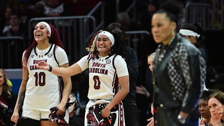 Apr 5, 2024; Cleveland, OH, USA; South Carolina Gamecocks center Kamilla Cardoso (10) and guard Te-Hina Paopao (0).